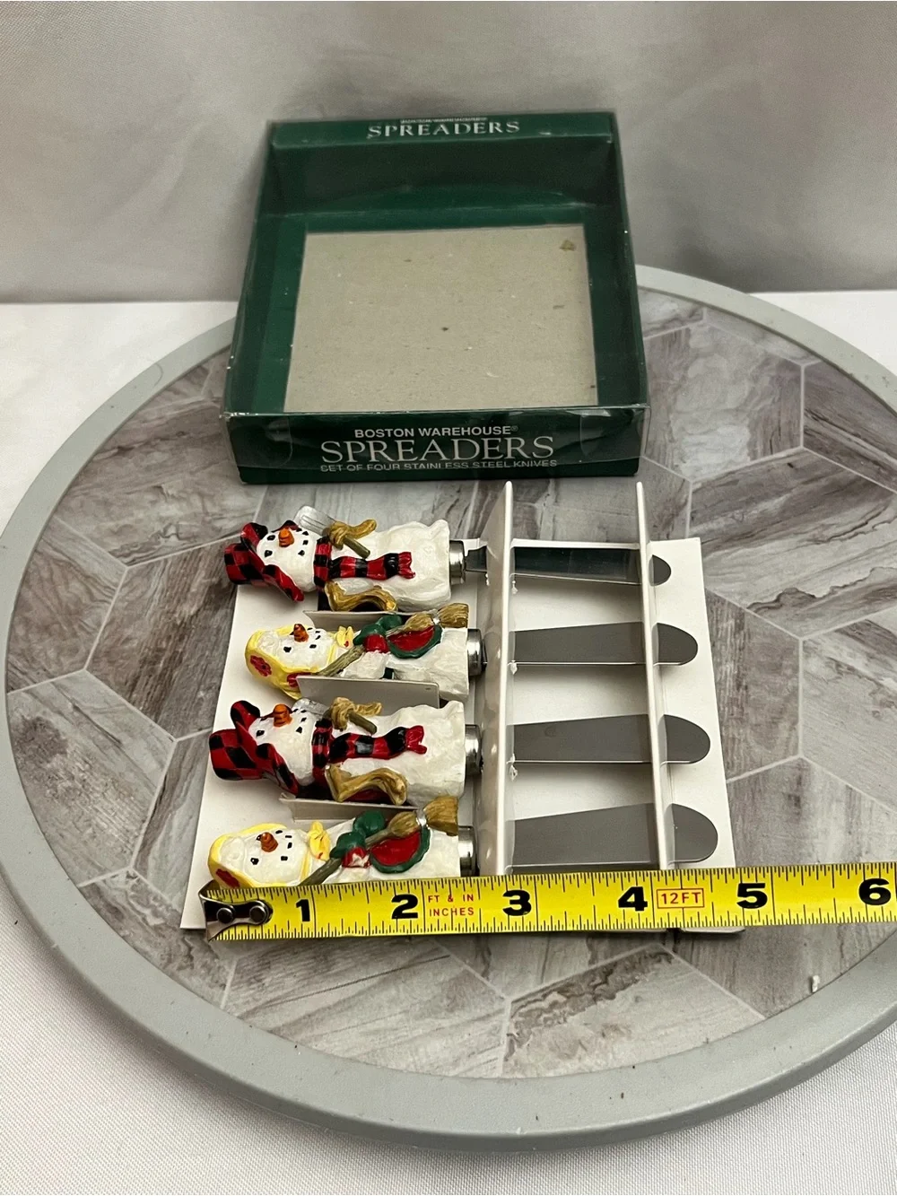 Vintage 1997 Boston Warehouse Folk Snowman Spreaders Set of 4 Boxed